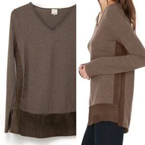 Ecru V-Neck Shirt Suede Trim Long Sleeve Top Classic Brown Size Small
